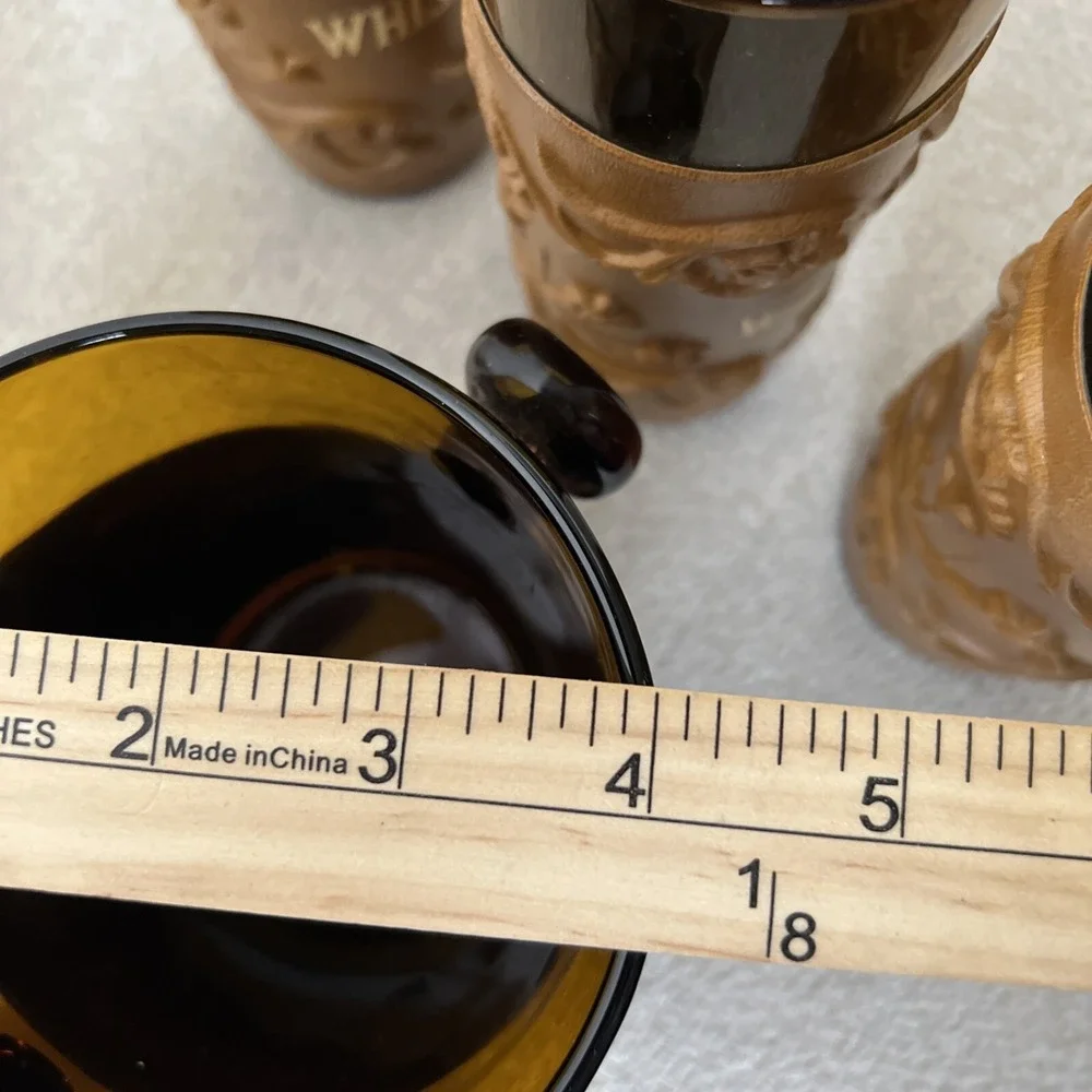 Whisky Glasses & Glass Ice Bucket Amber Embossed Leather Sleeve Set 7 Bar Liquor